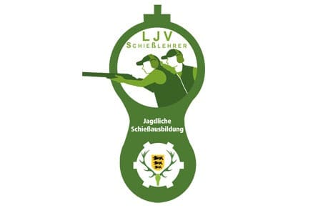 Logo der LJV Schießlehrer mit der Aufschrift "Jagdlische Schießausbildung" und einem Emblem mit einem Wappen und Geweih.